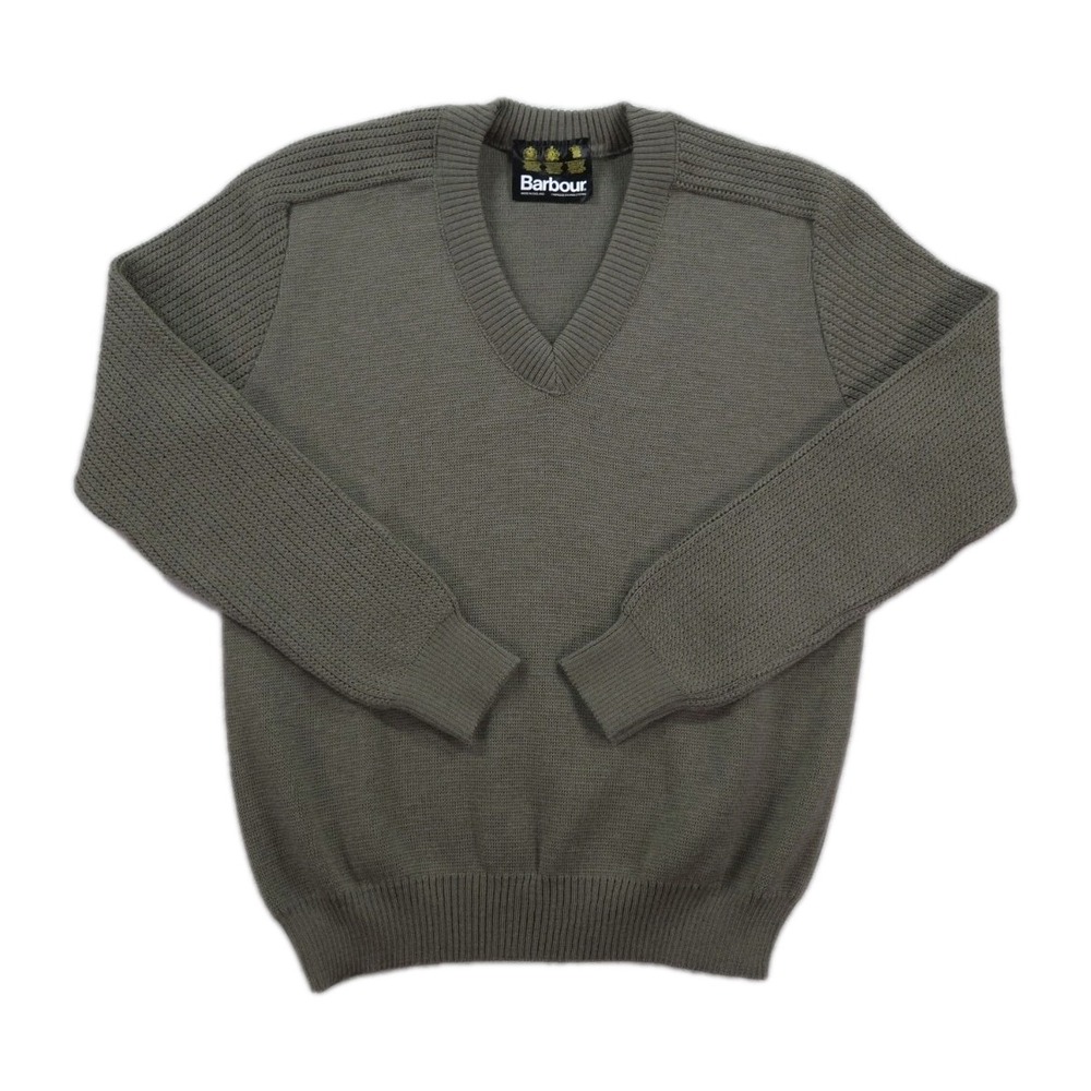 Barbour Wool Sweater Mens 38‎ Small Military V Neck Knit Thick